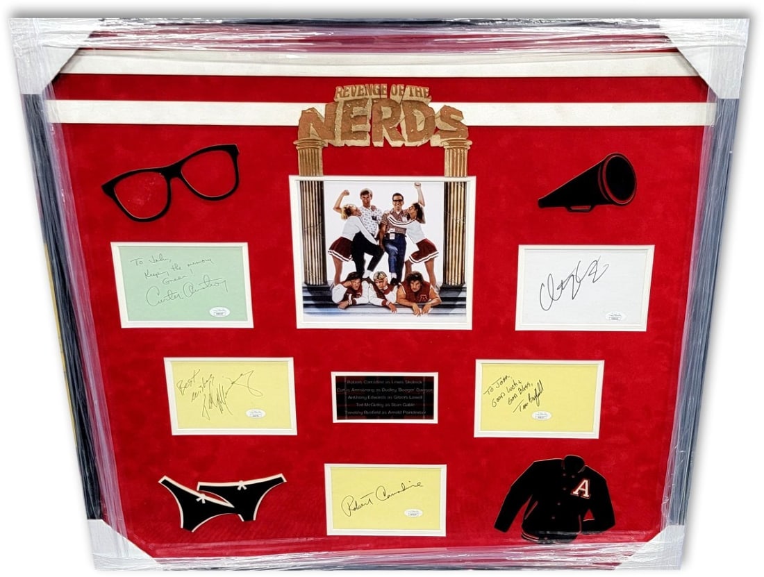 Framed Revenge of the Nerds Cast Autograph Collage JSA Authenticated: Framed Revenge of the Nerds Cast Autograph Collage JSA Authenticated This framed collage features autographs from cast members of "Revenge of the Nerds," including Robert Carradine, Curtis Armstrong, 
