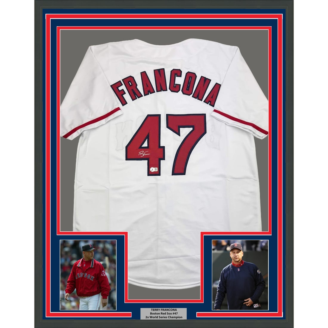 Terry Francona Signed Boston Red Sox Jersey Framed With Beckett COA 35x39: Terry Francona Signed Boston Red Sox Jersey Framed With Beckett COA 35x39 This professionally framed display features a Boston Red Sox white jersey autographed by Terry Francona. The jersey is authent