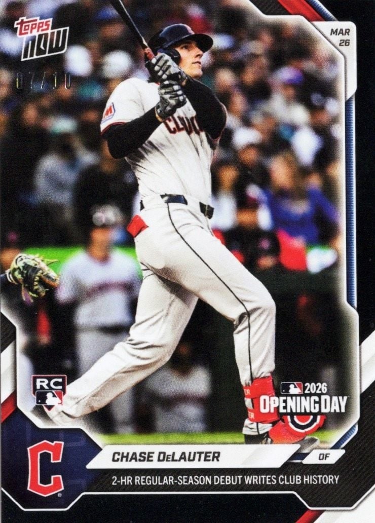 Chase DeLauter Topps Now Black Foil Rookie Card 12 /10: Chase DeLauter Topps Now Black Foil Rookie Card 12 /10 This is a 2026 Topps Now Chase DeLauter #12 Black Foil rookie baseball card, featuring the Cleveland Guardians player. The card is part of a limi