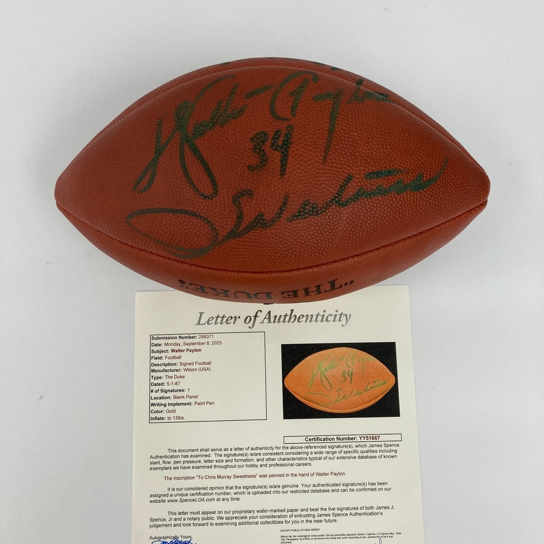 Walter Payton Signed Wilson NFL Football with JSA COA Sweetness Inscription: Walter Payton Signed Wilson NFL Football with JSA COA Sweetness Inscription This authentic Wilson NFL football is a remarkable piece of sports memorabilia signed by the legendary Walter Payton, known 