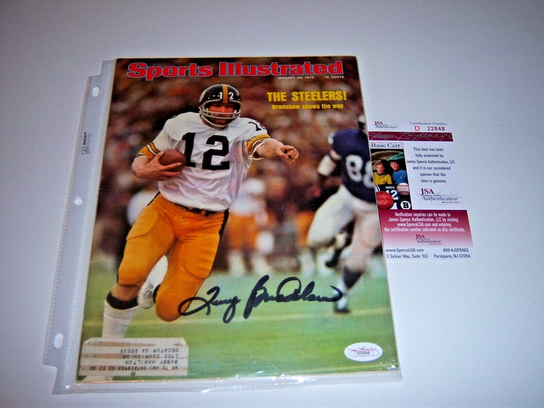 Signed Sports Illustrated Magazine Terry Bradshaw JSA COA Steelers: Signed Sports Illustrated Magazine Terry Bradshaw JSA COA Steelers This is an original Sports Illustrated magazine featuring Terry Bradshaw of the Pittsburgh Steelers. The magazine has been signed by 