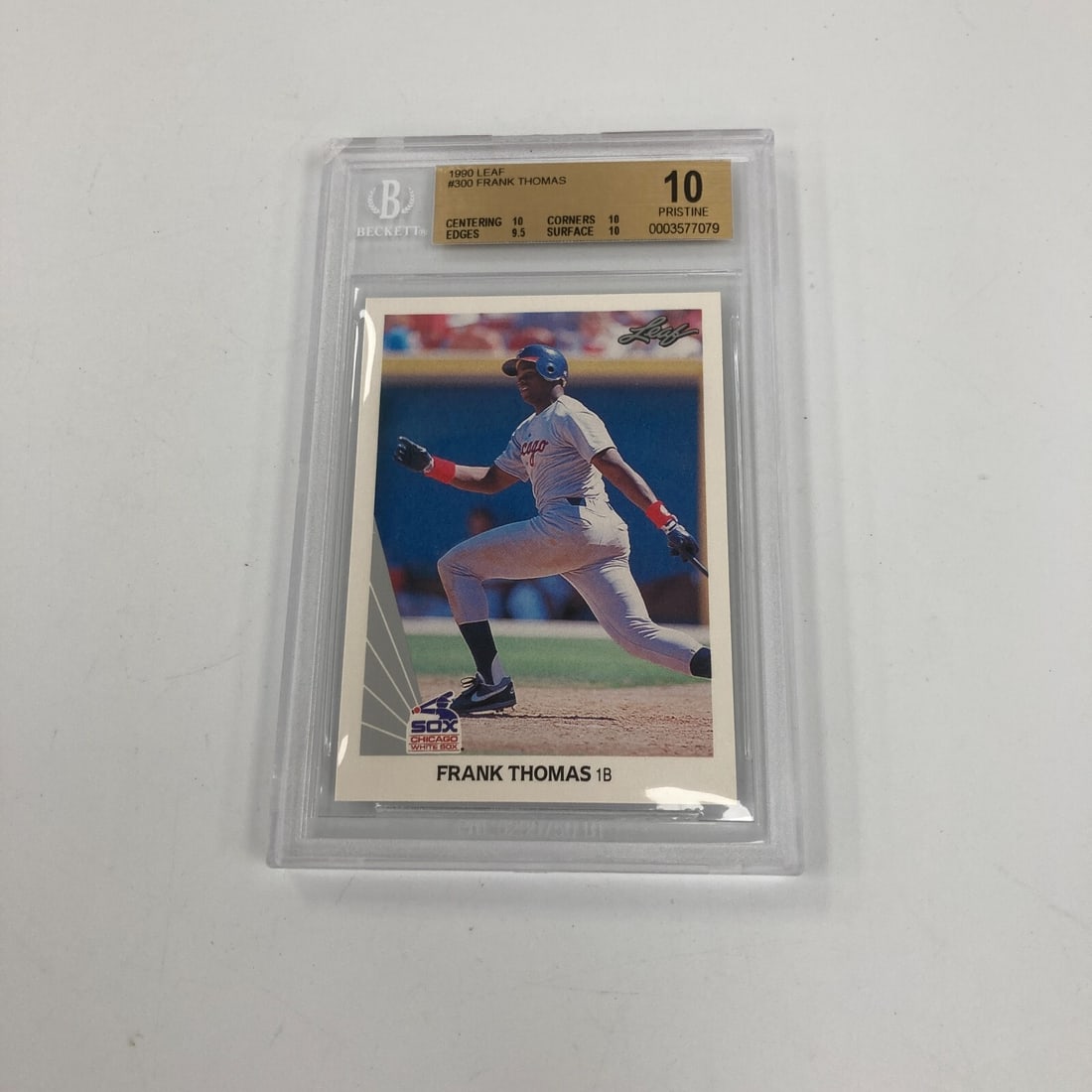 1990 Leaf Frank Thomas Rookie Card BGS PRISTINE 10 Baseball: 1990 Leaf Frank Thomas Rookie Card BGS PRISTINE 10 Baseball This 1990 Leaf #300 Frank Thomas Rookie card is a must-have for any serious baseball card collector. Graded PRISTINE 10 by BGS, this ultra-h