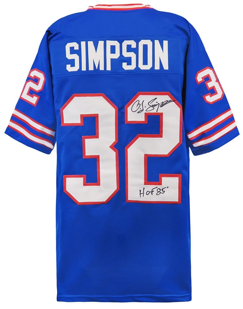 O.J. Simpson Signed Blue Jersey HOF 85 COA Buffalo Bills: O.J. Simpson Signed Blue Jersey HOF 85 COA Buffalo Bills O.J. Simpson Signed Blue Jersey HOF 85 COA Buffalo Bills This authentic O.J. Simpson signed blue throwback custom football jersey features the 