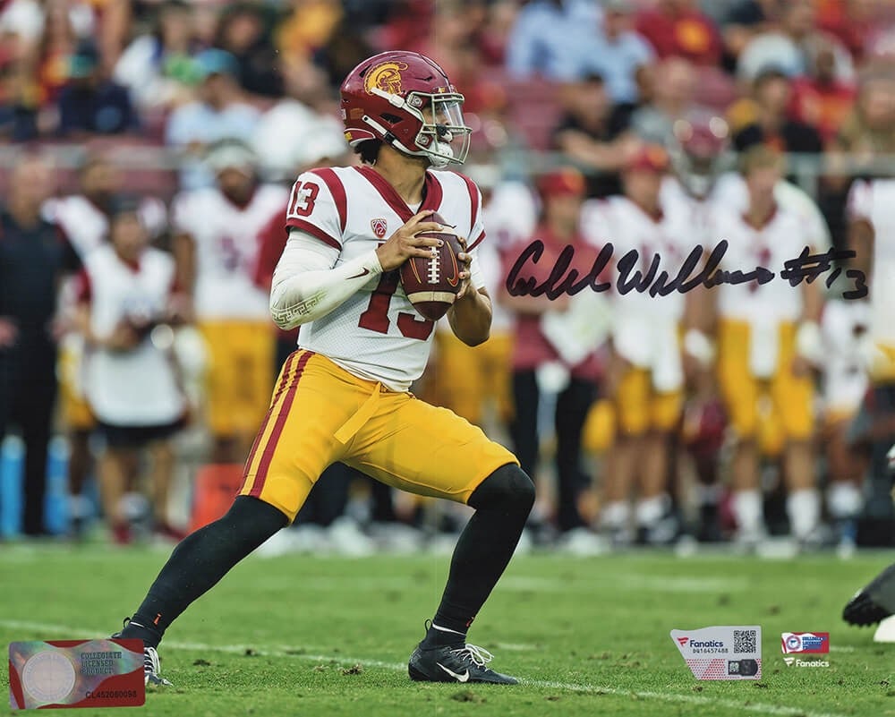 Caleb Williams Signed USC Trojans 8x10 Action Photo with Fanatics COA: Caleb Williams Signed USC Trojans 8x10 Action Photo with Fanatics COA This framed 8x10 photo captures Caleb Williams in action, showcasing his talent as a member of the USC Trojans football team. The 