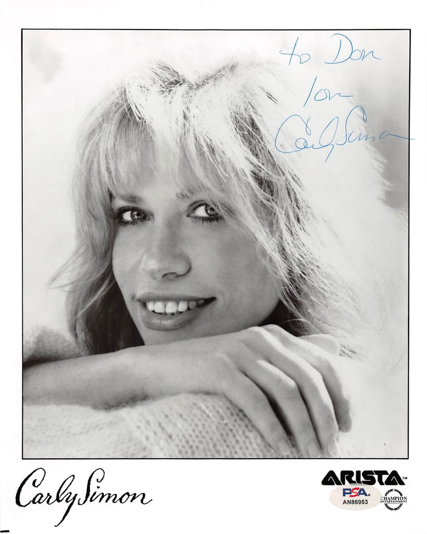 PSA DNA signed Carly Simon 8x10 photo To Don Love: PSA DNA signed Carly Simon 8x10 photo To Don Love This is an original 8x10 promotional photograph personally signed by Carly Simon. The photo includes the inscription "To Don Love" and has been authen