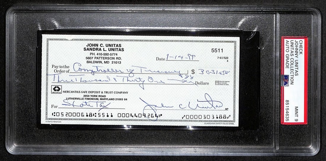 Johnny Unitas Signed Check PSA/DNA MINT 9 Baltimore Colts: Johnny Unitas Signed Check PSA/DNA MINT 9 Baltimore Colts This item features an original Johnny Unitas signed canceled check dated January 14, 1999, from his time with the Baltimore Colts. Authenticat
