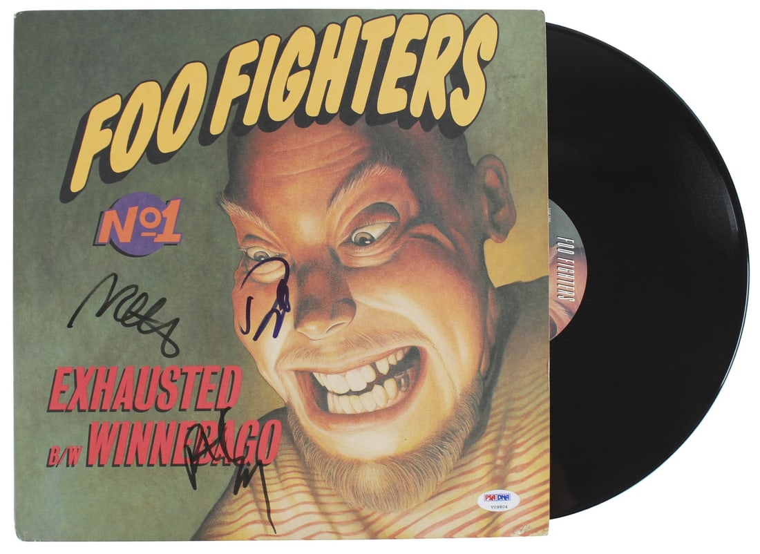 Foo Fighters Signed Exhausted Winnebago Album Cover with Vinyl PSA/DNA: Foo Fighters Signed Exhausted Winnebago Album Cover with Vinyl PSA/DNA This authentic Foo Fighters Exhausted Winnebago album cover has been personally signed by all four band members: Dave Grohl, Pat 