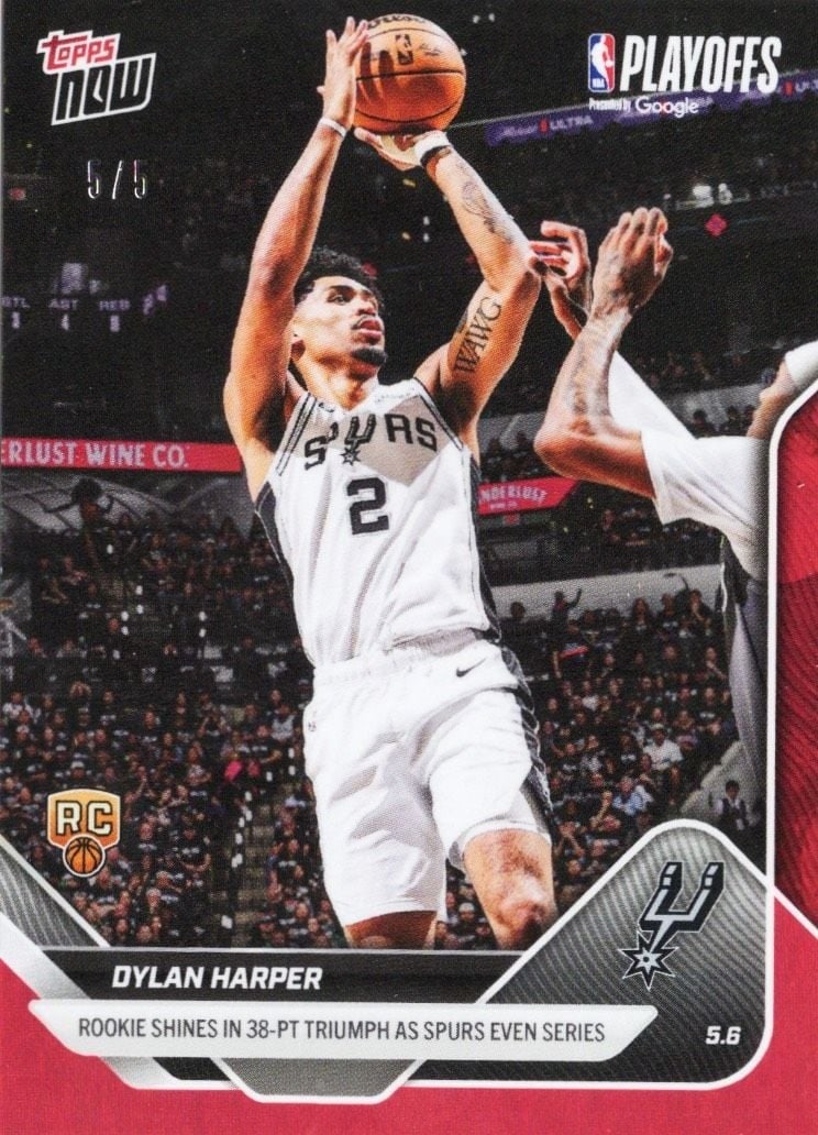 Dylan Harper 2025 Topps Now #297 Red Foil Rookie Basketball Card /5: Dylan Harper 2025 Topps Now #297 Red Foil Rookie Basketball Card /5 2025 Topps Now Dylan Harper #297 Red Foil rookie basketball card. This pre-owned sports trading card features the Red Foil parallel 