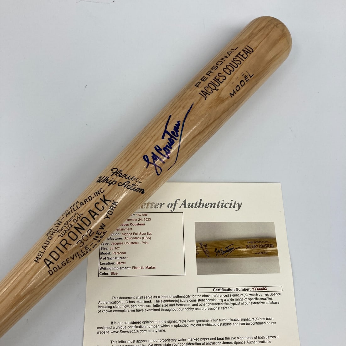 Jacques Cousteau autographed game model bat JSA COA: Jacques Cousteau autographed game model bat JSA COA This game model baseball bat is signed by Jacques Cousteau and includes a certificate of authenticity from James Spence Authentication (JSA). The it