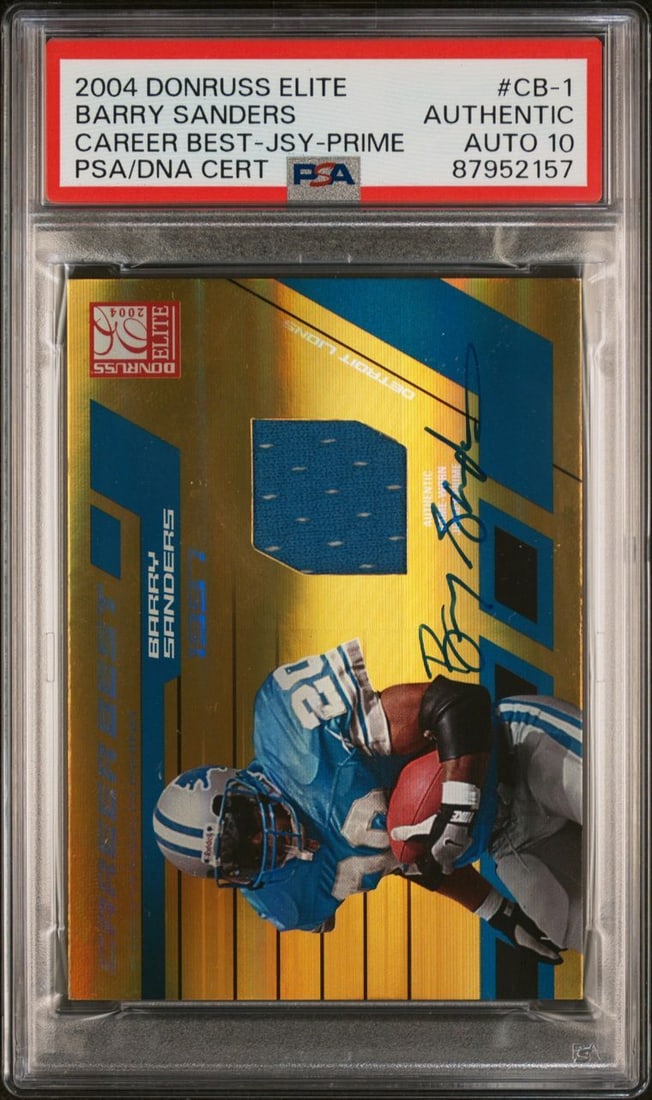 2004 Donruss Elite Barry Sanders Signed Card PSA Authentic: 2004 Donruss Elite Barry Sanders Signed Card PSA Authentic This is a 2004 Donruss Elite Career Best-Jersey-Prime #CB-1 sports trading card featuring the legendary Barry Sanders, signed by the player h