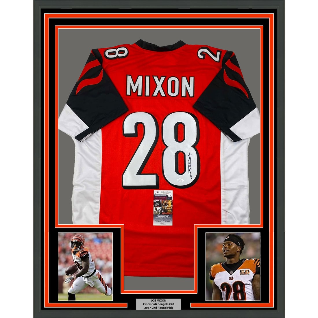 Framed Joe Mixon Autographed Cincinnati Bengals Jersey with JSA COA: Framed Joe Mixon Autographed Cincinnati Bengals Jersey with JSA COA Showcase your support for the Cincinnati Bengals with this professionally framed and autographed Joe Mixon jersey. This original