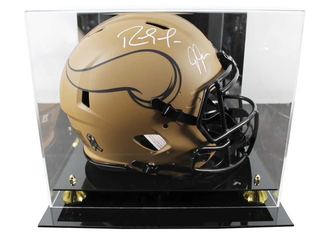 Justin Jefferson Randy Moss Signed Vikings Speed Proline Helmet with BAS Authentication: Justin Jefferson Randy Moss Signed Vikings Speed Proline Helmet with BAS Authentication This exceptional item features an autographed Alternate 2023 Salute To Service II Riddell Full Size Speed