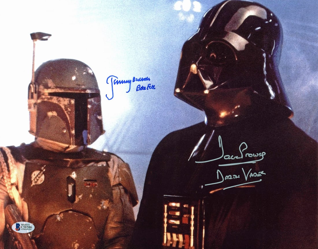 David Prowse Jeremy Bulloch Signed Star Wars 11x14 Photo BAS COA Inscribed: David Prowse Jeremy Bulloch Signed Star Wars 11x14 Photo BAS COA Inscribed This captivating 11x14 inch photograph features the iconic characters Darth Vader and Boba Fett, personally signed by David P