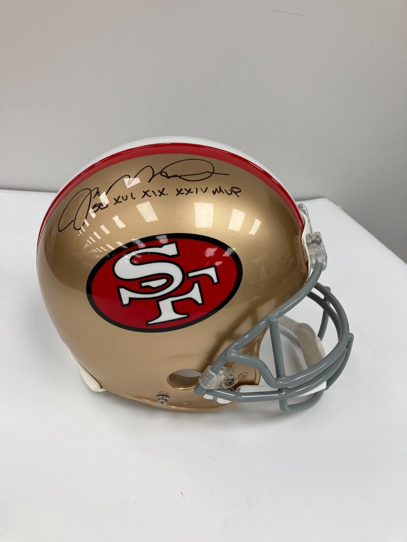 Beckett Authenticated Joe Montana Autographed 49ers Full Size Helmet: Beckett Authenticated Joe Montana Autographed 49ers Full Size Helmet This is a full-size San Francisco 49ers football helmet signed by Joe Montana and inscribed with "SB XVI, XIX, XXIV MVP." It is an 