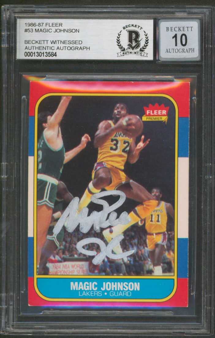 Magic Johnson Signed 1986 Fleer #53 Card Gem Mint 10 BAS Slabbed: Magic Johnson Signed 1986 Fleer #53 Card Gem Mint 10 BAS Slabbed This 1986 Fleer #53 card, featuring Magic Johnson, is a must-have for any basketball collector. Graded Gem Mint 10 by Beckett Authentic