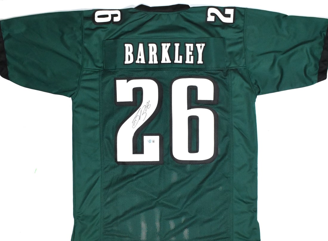Saquon Barkley signed Philadelphia Eagles green pro style jersey Beckett hologram: Saquon Barkley signed Philadelphia Eagles green pro style jersey Beckett hologram This green pro style jersey is autographed by Saquon Barkley and represents the Philadelphia Eagles. The jersey includ