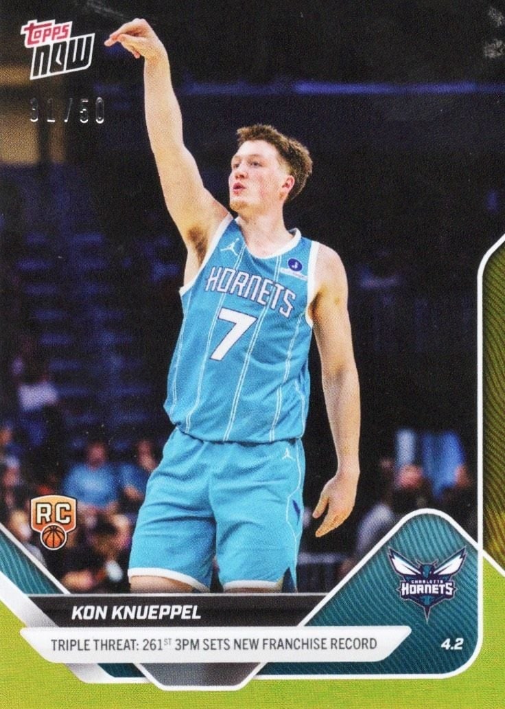 Kon Knueppel 2025 Topps Now Gold Foil Rookie Card #239 /50: Kon Knueppel 2025 Topps Now Gold Foil Rookie Card #239 /50 This is a 2025 Topps Now Kon Knueppel #239 Gold Foil rookie basketball card, featuring Kon Knueppel of the Charlotte Hornets. The card is par