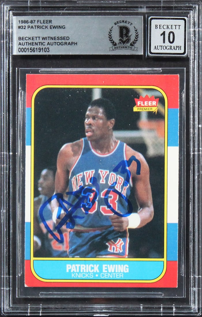 Patrick Ewing Signed 1986 Fleer #32 RC Card Graded 10 BAS Authenticated: Patrick Ewing Signed 1986 Fleer #32 RC Card Graded 10 BAS Authenticated A remarkable collectible for basketball fans, this autographed 1986 Fleer #32 rookie card features the signature of Patrick Ewin