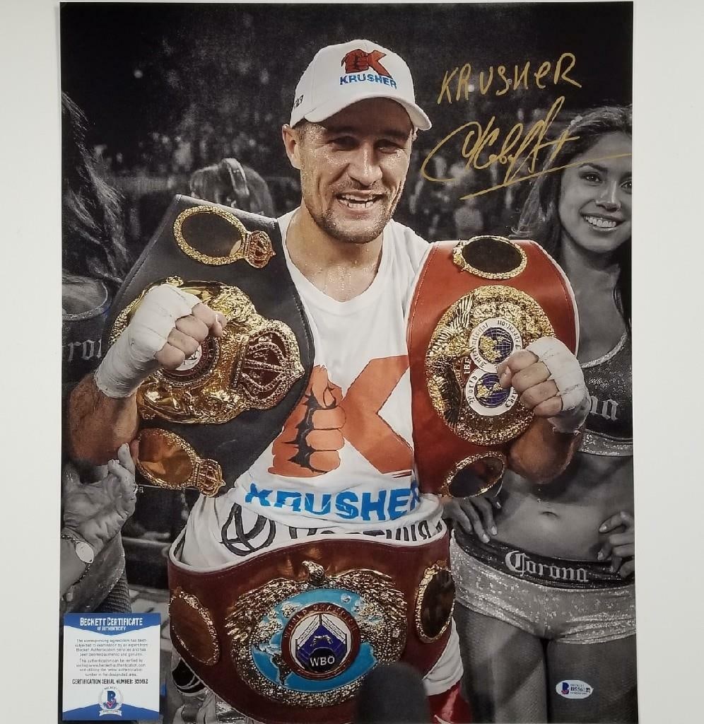 16x20 Boxing Photo Signed by Sergey Kovalev Krusher Beckett Authenticated: 16x20 Boxing Photo Signed by Sergey Kovalev Krusher Beckett Authenticated This is an original 16x20 photograph featuring Sergey Kovalev, signed by the boxer himself. The autograph has been authenticat