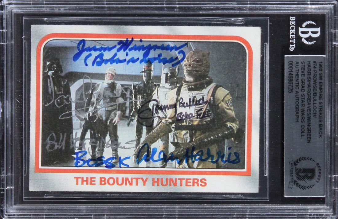 Beckett Slabbed Star Wars ESB 1980 Card 5 Signed With Inscriptions: Beckett Slabbed Star Wars ESB 1980 Card 5 Signed With Inscriptions This autographed 1980 Star Wars: The Empire Strikes Back #74 card is an original item and comes slabbed and authenticated by Beckett 