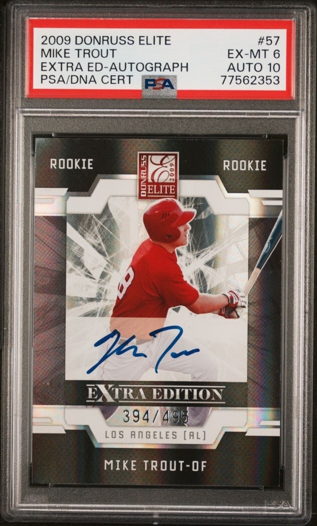 2009 Donruss Elite Extra Edition Mike Trout Rookie Card PSA 6 Auto 10: 2009 Donruss Elite Extra Edition Mike Trout Rookie Card PSA 6 Auto 10 This is a 2009 Donruss Elite Extra Edition Mike Trout rookie card, card number 57, featuring an authenticated autograph. The card 