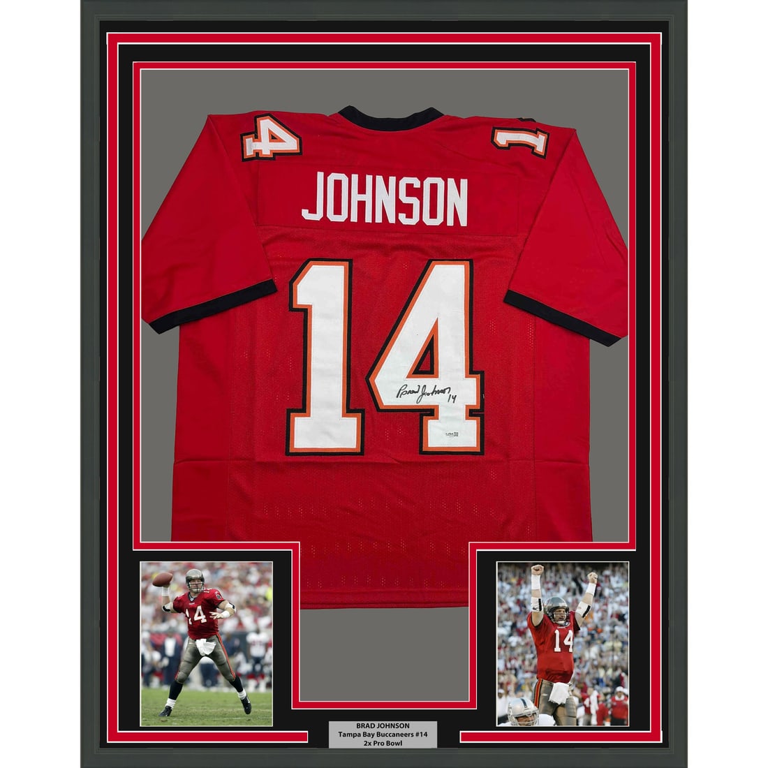 Brad Johnson signed framed Tampa Bay red jersey 35x39 JSA: Brad Johnson signed framed Tampa Bay red jersey 35x39 JSA Professionally framed and matted Brad Johnson signed Tampa Bay red jersey display with two 5x7 photos. This original autographed piece is pre-