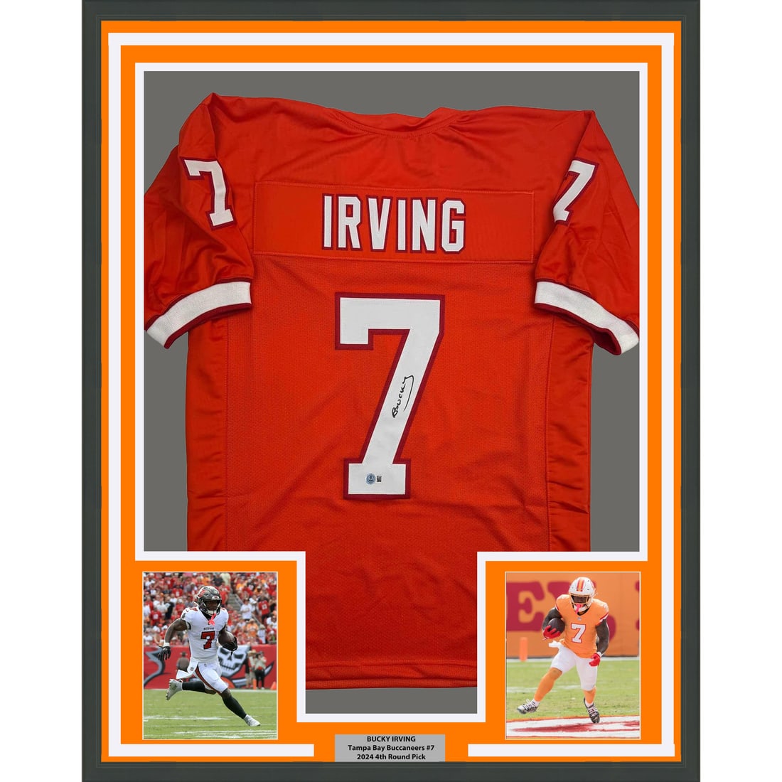 Framed Bucky Irving Signed Tampa Bay Orange Jersey 35x39 Beckett COA: Framed Bucky Irving Signed Tampa Bay Orange Jersey 35x39 Beckett COA Professionally framed and matted autographed Bucky Irving Tampa Bay orange jersey display. This pre-owned piece includes two 5x7 ph