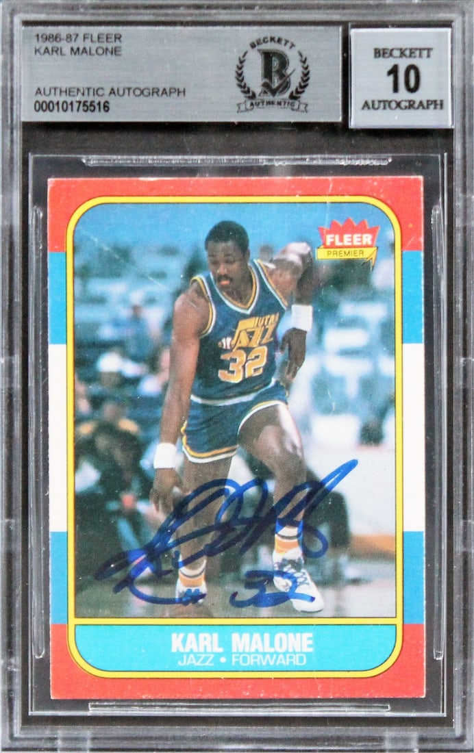 Karl Malone Signed 1986 Fleer #68 Rookie Card Gem Mint 10 Beckett: Karl Malone Signed 1986 Fleer #68 Rookie Card Gem Mint 10 Beckett This is a Karl Malone signed 1986 Fleer #68 rookie card, graded Gem Mint 10 (with creasing). The card features the legendary basketbal