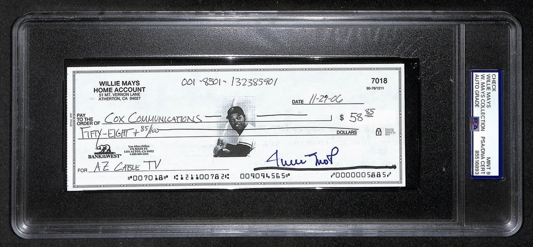 2006 Willie Mays HOF autographed bank check PSA DNA Mint 9: 2006 Willie Mays HOF autographed bank check PSA DNA Mint 9 Original 2006 bank check signed by Willie Mays with HOF notation. The autograph is authenticated by PSA/DNA, graded MINT 9, and encapsulated 