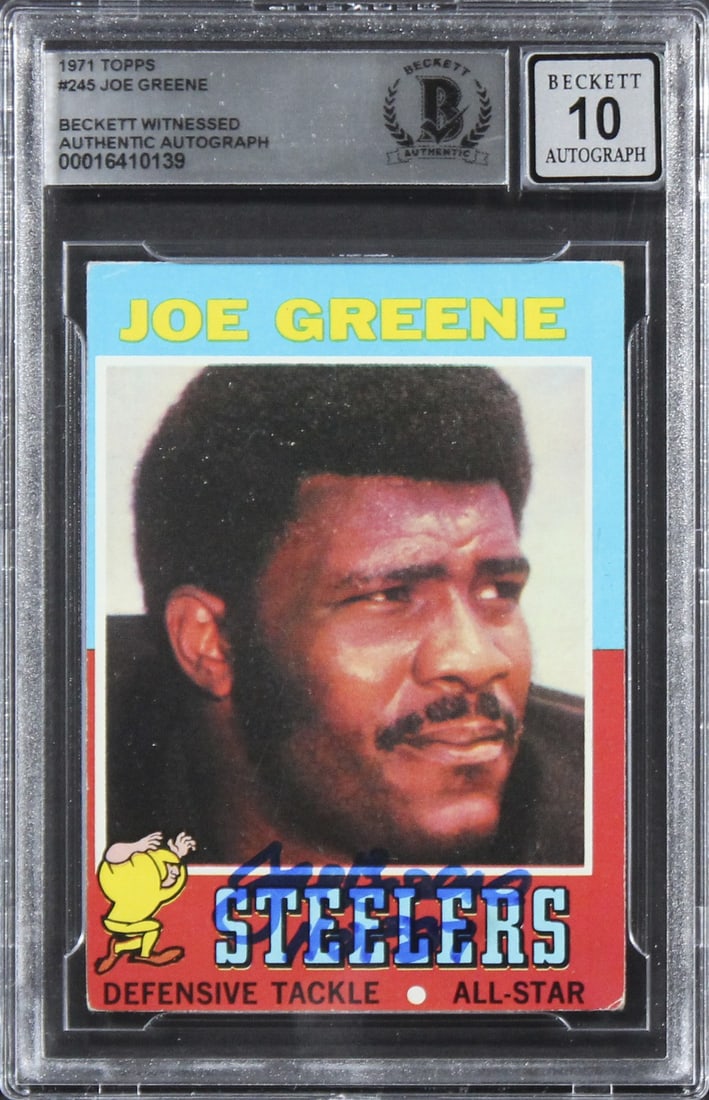 Joe Greene Signed 1971 Topps Rookie Card With HOF 87 Inscription BAS 10: Joe Greene Signed 1971 Topps Rookie Card With HOF 87 Inscription BAS 10 This is an original 1971 Topps #245 rookie card personally signed by Joe Greene of the Pittsburgh Steelers, featuring the inscri