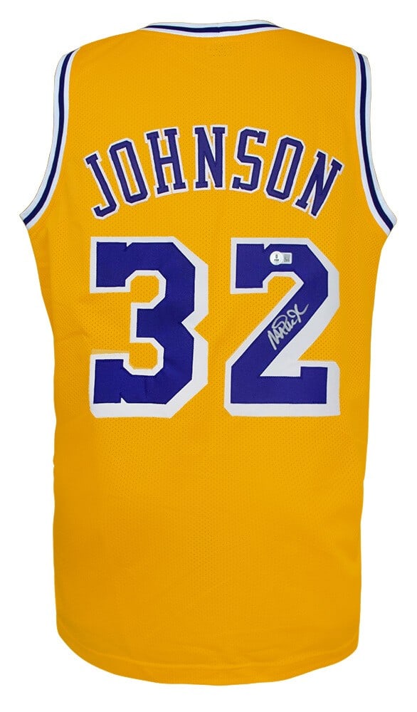 Magic Johnson Signed Gold Lakers Throwback Jersey Beckett COA: Magic Johnson Signed Gold Lakers Throwback Jersey Beckett COA Celebrate the legacy of Magic Johnson with this original, autographed gold throwback custom basketball jersey from the Los Angeles Lakers.