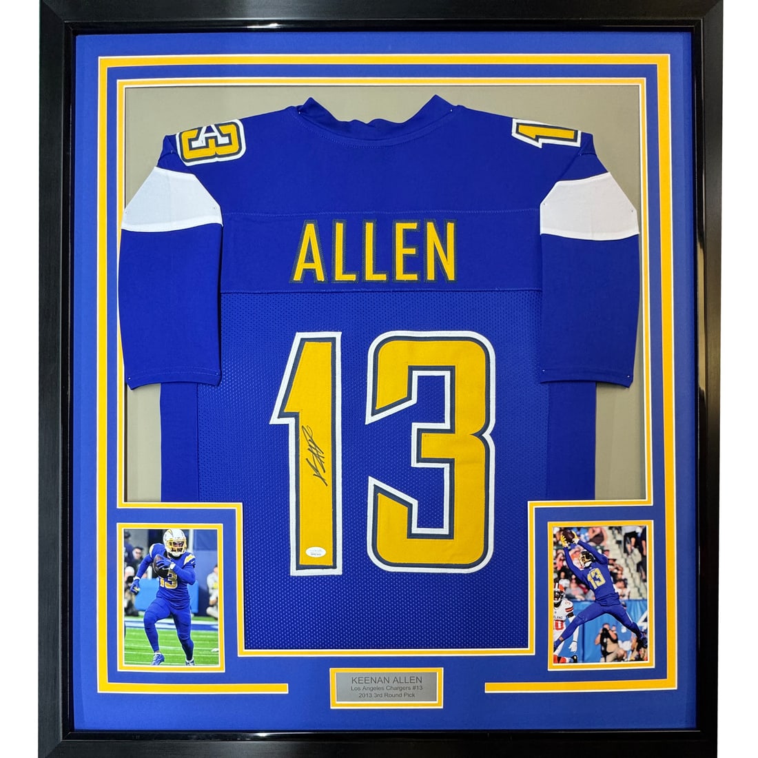 Keenan Allen signed framed Chargers jersey JSA COA 33x42: Keenan Allen signed framed Chargers jersey JSA COA 33x42 This is a professionally framed and matted Los Angeles Chargers jersey autographed by Keenan Allen. The display includes two 8x10 photographs a