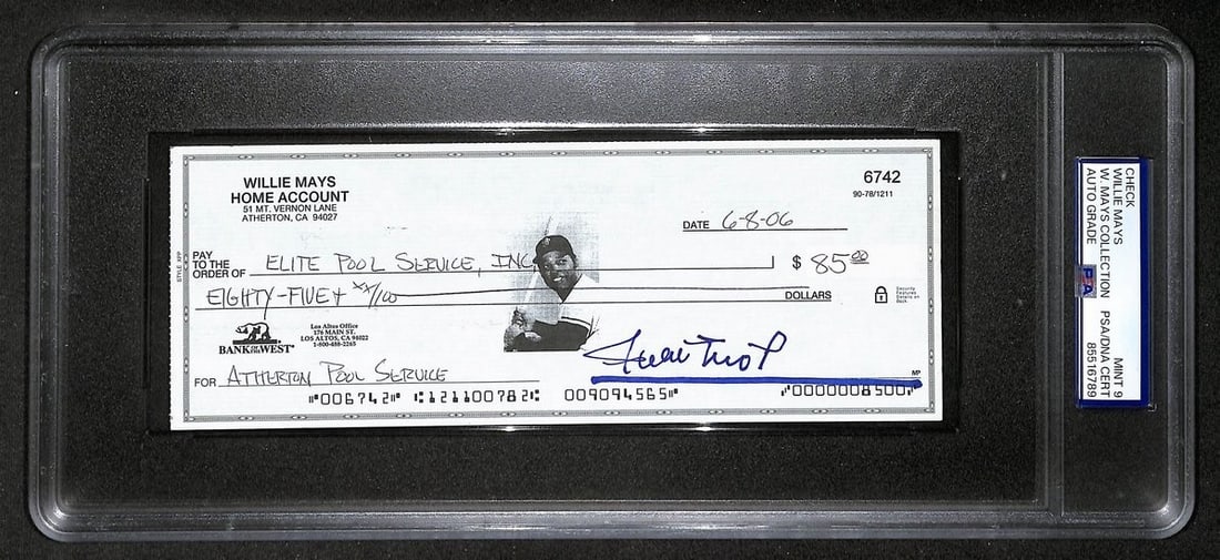 2006 Willie Mays HOF Autographed Bank Check PSA DNA Mint 9: 2006 Willie Mays HOF Autographed Bank Check PSA DNA Mint 9 Original 2006 bank check signed by Willie Mays with HOF notation. The autograph is authenticated by PSA/DNA, graded MINT 9, and encapsulated 