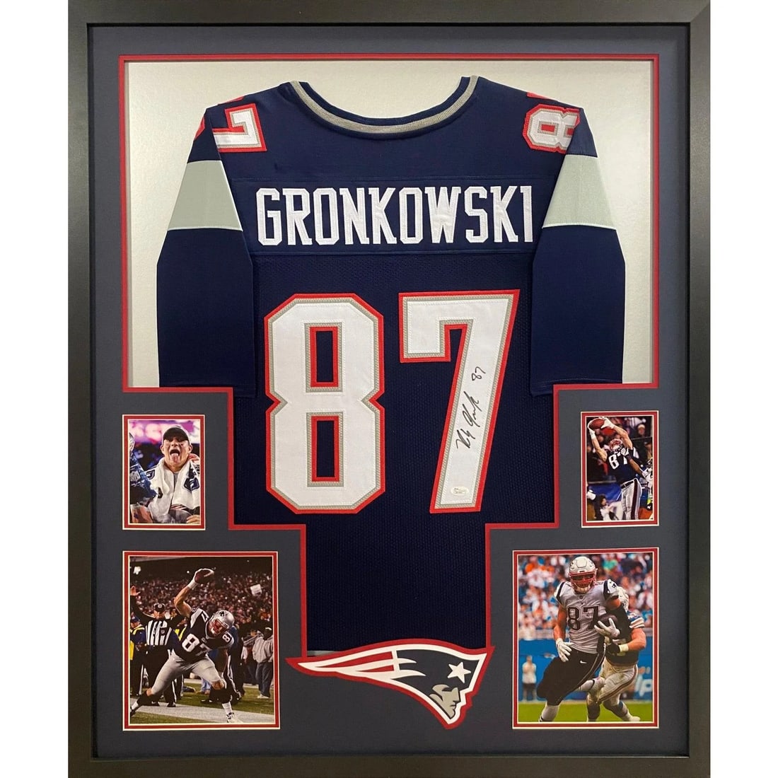 Framed Rob Gronkowski Autographed Patriots Blue Jersey With JSA Authentication (1 of 3)