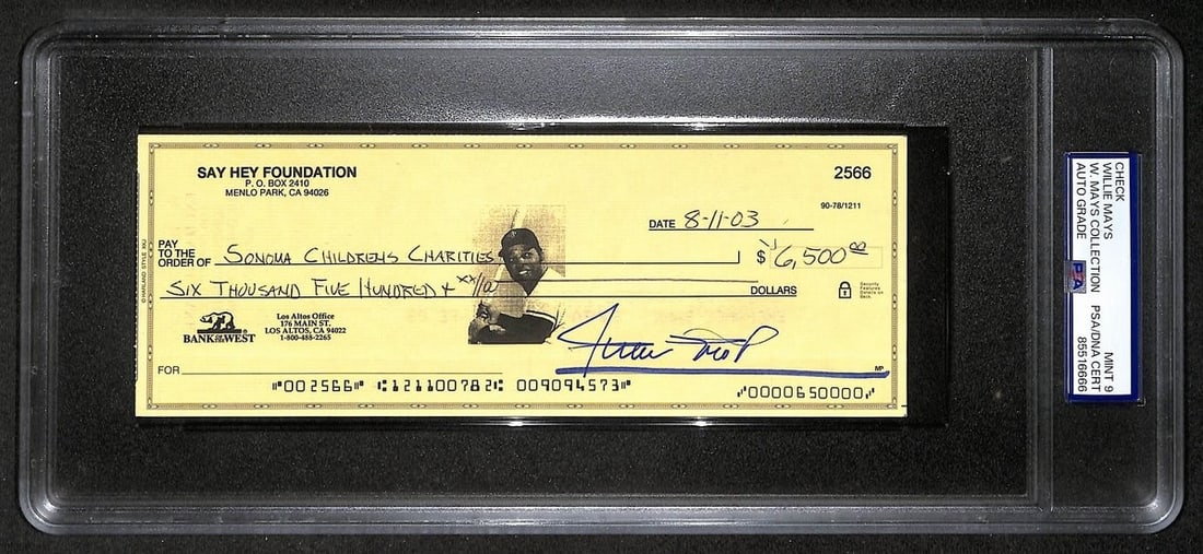 2003 Willie Mays autographed bank check PSA DNA Mint 9: 2003 Willie Mays autographed bank check PSA DNA Mint 9 Original 2003 bank check signed by Willie Mays with HOF notation. The autograph is authenticated by PSA/DNA, graded MINT 9, and encapsulated in a