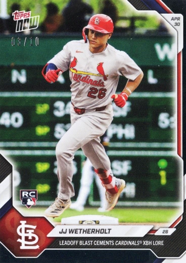 JJ Wetherholt Topps Now Black Foil Rookie Card #144 /10: JJ Wetherholt Topps Now Black Foil Rookie Card #144 /10 This is a 2026 Topps Now JJ Wetherholt #144 Black Foil rookie baseball card, featuring JJ Wetherholt of the St Louis Cardinals. The card is a sp