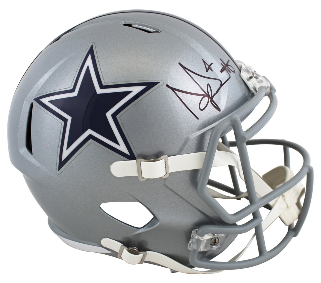 Dak Prescott signed Dallas Cowboys full size Speed replica helmet Beckett witnessed: Dak Prescott signed Dallas Cowboys full size Speed replica helmet Beckett witnessed Authentic full size Speed replica helmet personally signed by Dak Prescott. This BAS Witnessed item features Beckett