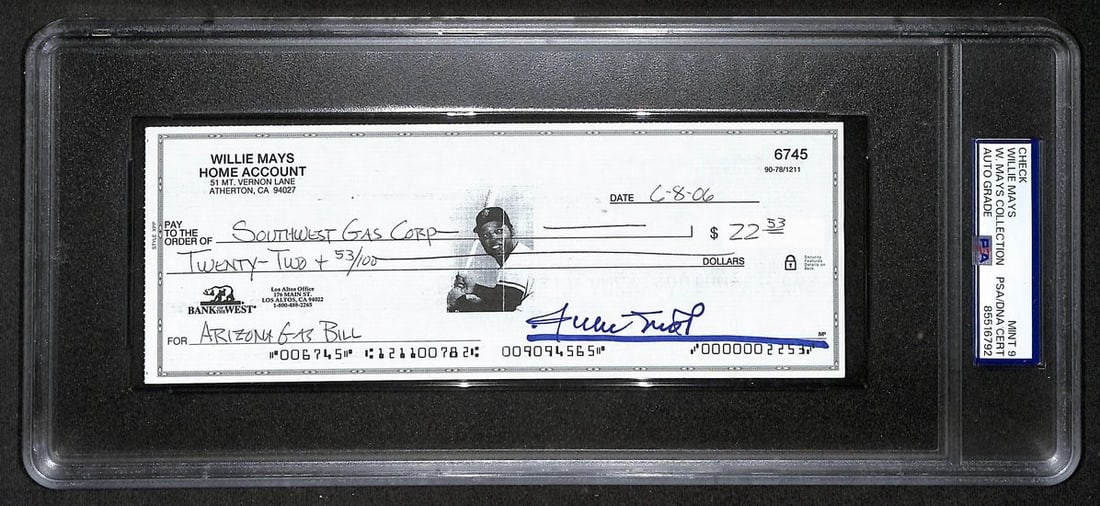 2006 Willie Mays HOF autographed bank check PSA DNA Mint 9: 2006 Willie Mays HOF autographed bank check PSA DNA Mint 9 Original 2006 bank check signed by Willie Mays with Hall of Fame notation. The autograph is authenticated by PSA/DNA, graded MINT 9, and enca