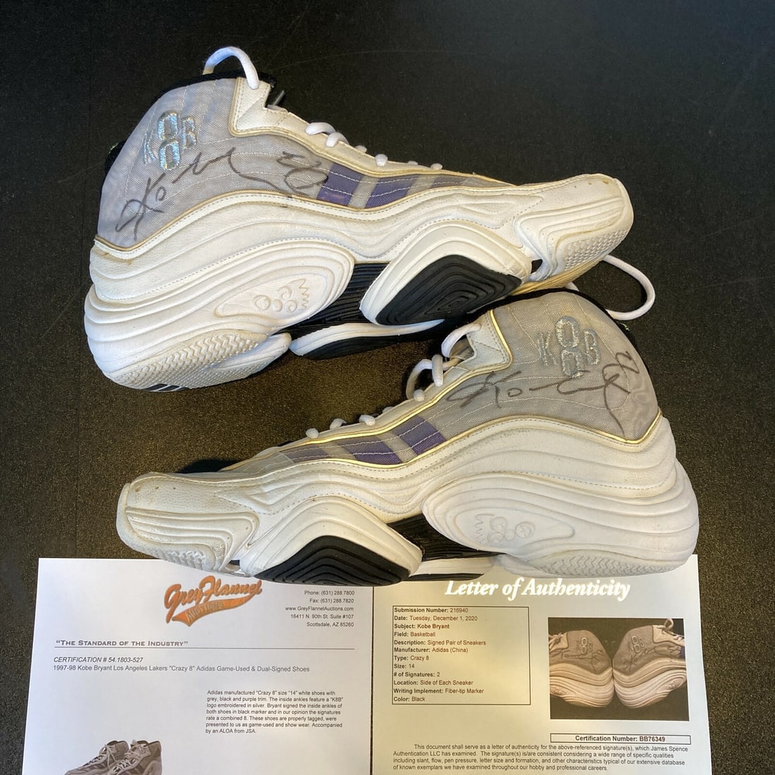 Kobe Bryant Crazy 8 game used signed Adidas sneakers JSA COA size 14: Kobe Bryant Crazy 8 game used signed Adidas sneakers JSA COA size 14 This pair of 1997-98 Adidas Crazy 8 sneakers were game used and signed by Kobe Bryant during his time with the Los Angeles Lakers. 