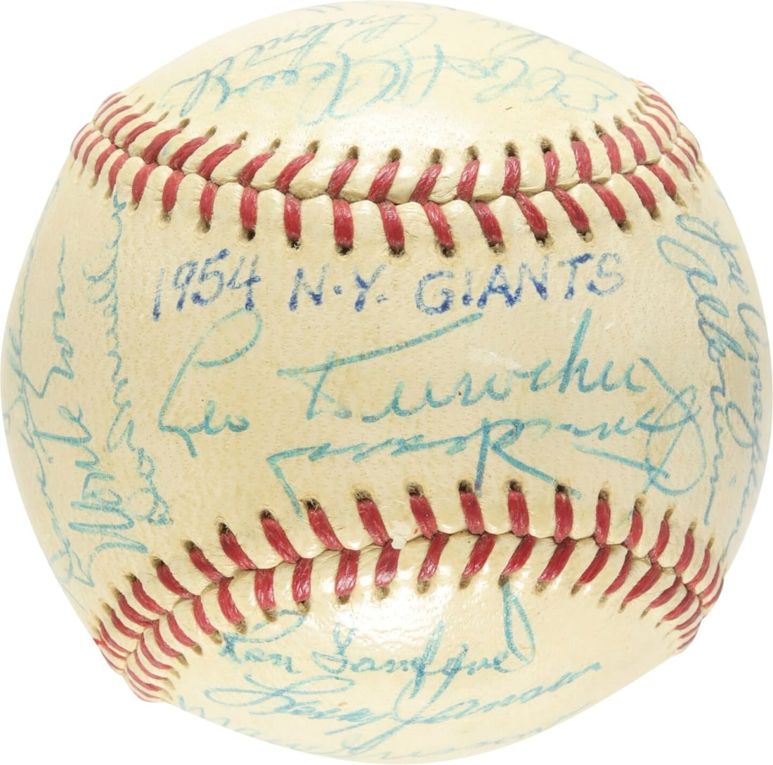 1954 New York Giants Team Signed Baseball with PSA Authentication: 1954 New York Giants Team Signed Baseball with PSA Authentication This official National League baseball, authenticated by PSA, is a remarkable piece commemorating the 1954 World Series Champions, the