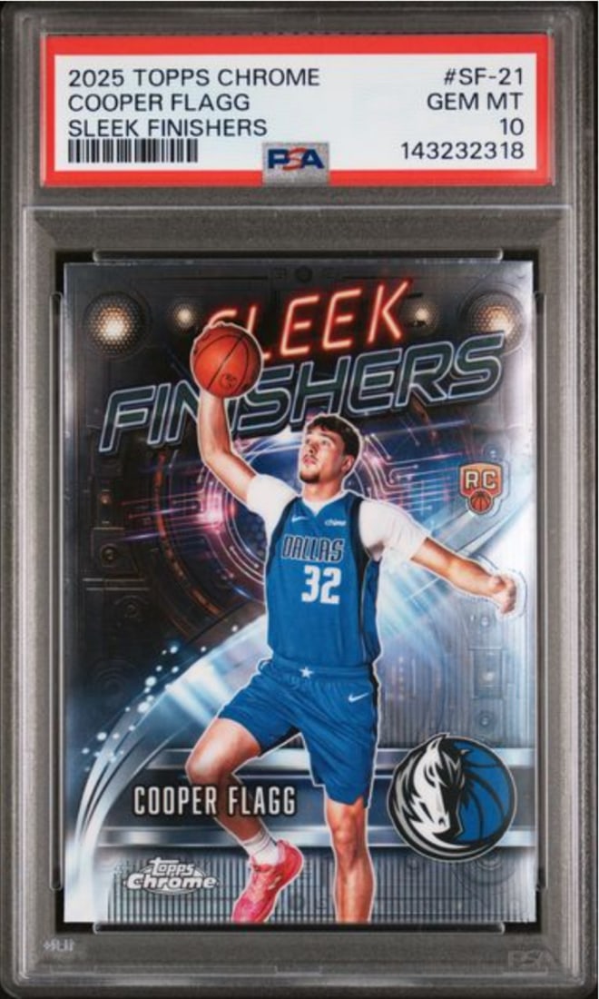 2025 Topps Chrome Finishers Cooper Flagg PSA 10 Basketball Card #SF21: 2025 Topps Chrome Finishers Cooper Flagg PSA 10 Basketball Card #SF21 This is an original 2025 Topps Chrome Cooper Flagg #SF21 Finishers basketball card, professionally graded PSA 10 by Professional S