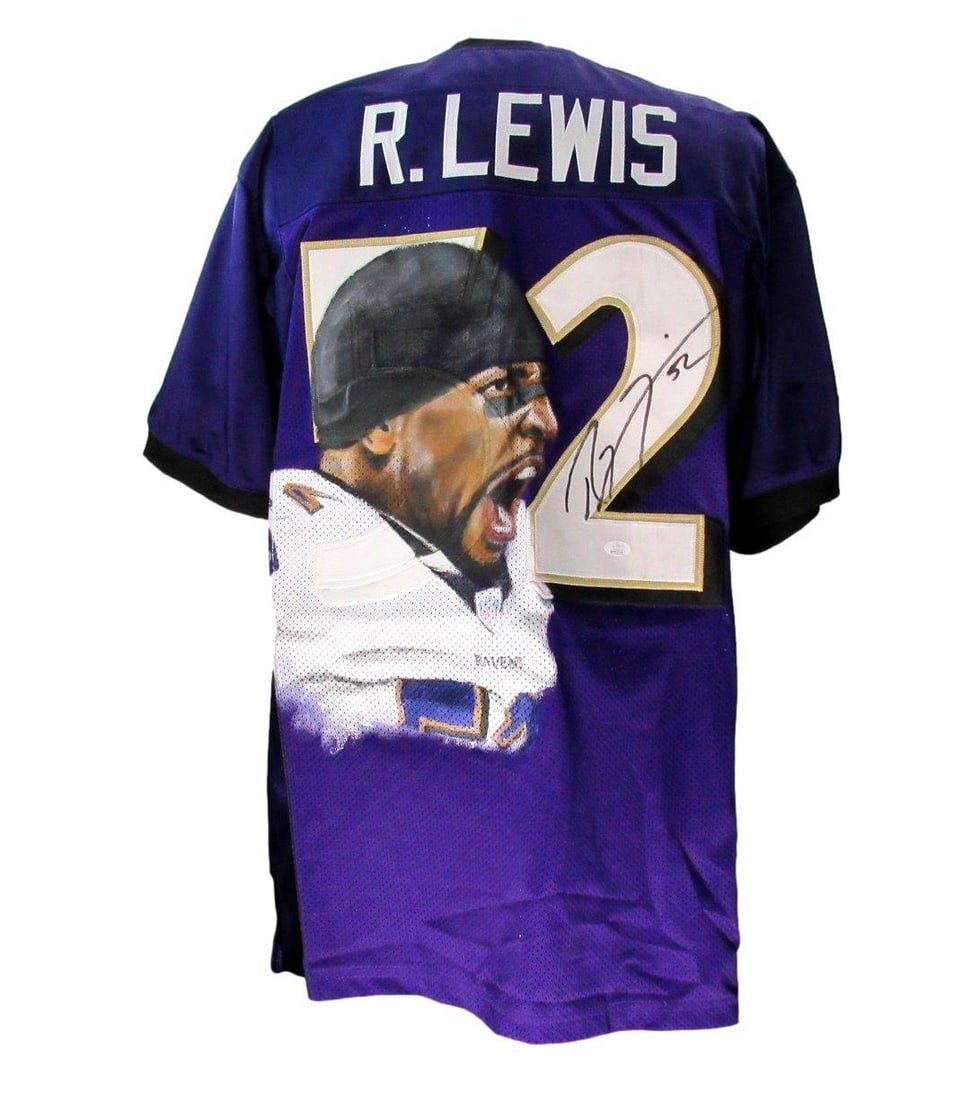 Ray Lewis HOF Signed Purple Football Jersey Baltimore Ravens JSA Authenticated: Ray Lewis HOF Signed Purple Football Jersey Baltimore Ravens JSA Authenticated Capture a piece of football history with this Ray Lewis Hall of Fame signed purple football jersey from the Baltimore Rav