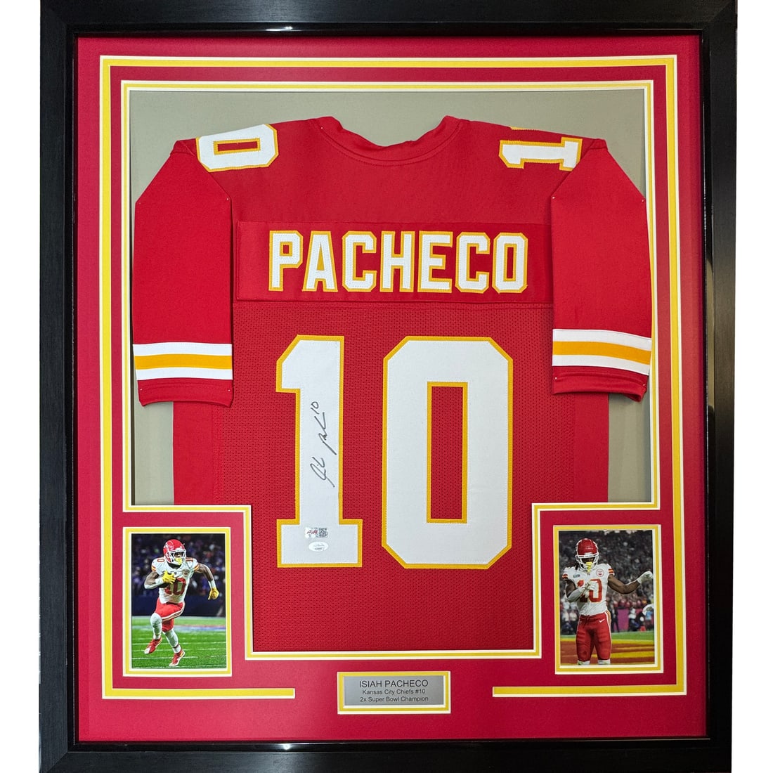 Framed Isiah Pacheco Autographed Kansas City Jersey with JSA COA 35x39: Framed Isiah Pacheco Autographed Kansas City Jersey with JSA COA 35x39 Celebrate your fandom with this professionally framed and autographed Isiah Pacheco Kansas City Chiefs jersey. The jersey feature