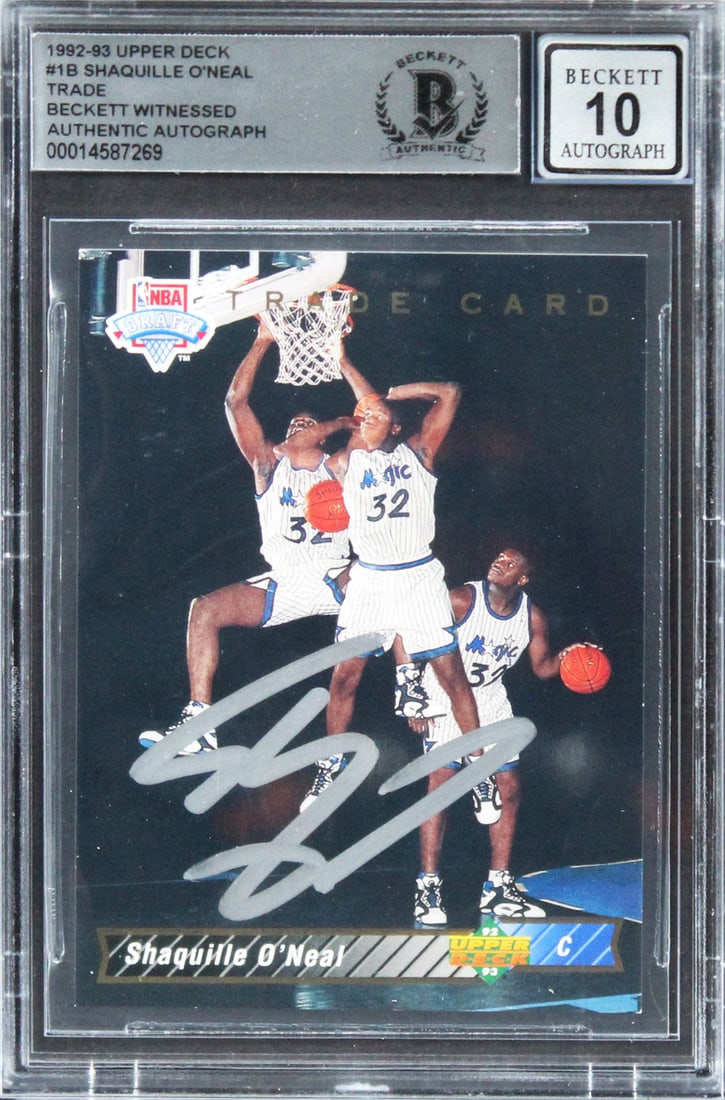 Shaquille O'Neal Signed 1992 Upper Deck Rookie Card Auto 10 Beckett: Shaquille O'Neal Signed 1992 Upper Deck Rookie Card Auto 10 Beckett This is a coveted Magic Shaquille O'Neal signed 1992 Upper Deck #1B rookie card, graded Gem Mint 10 by Beckett Authentication Servic