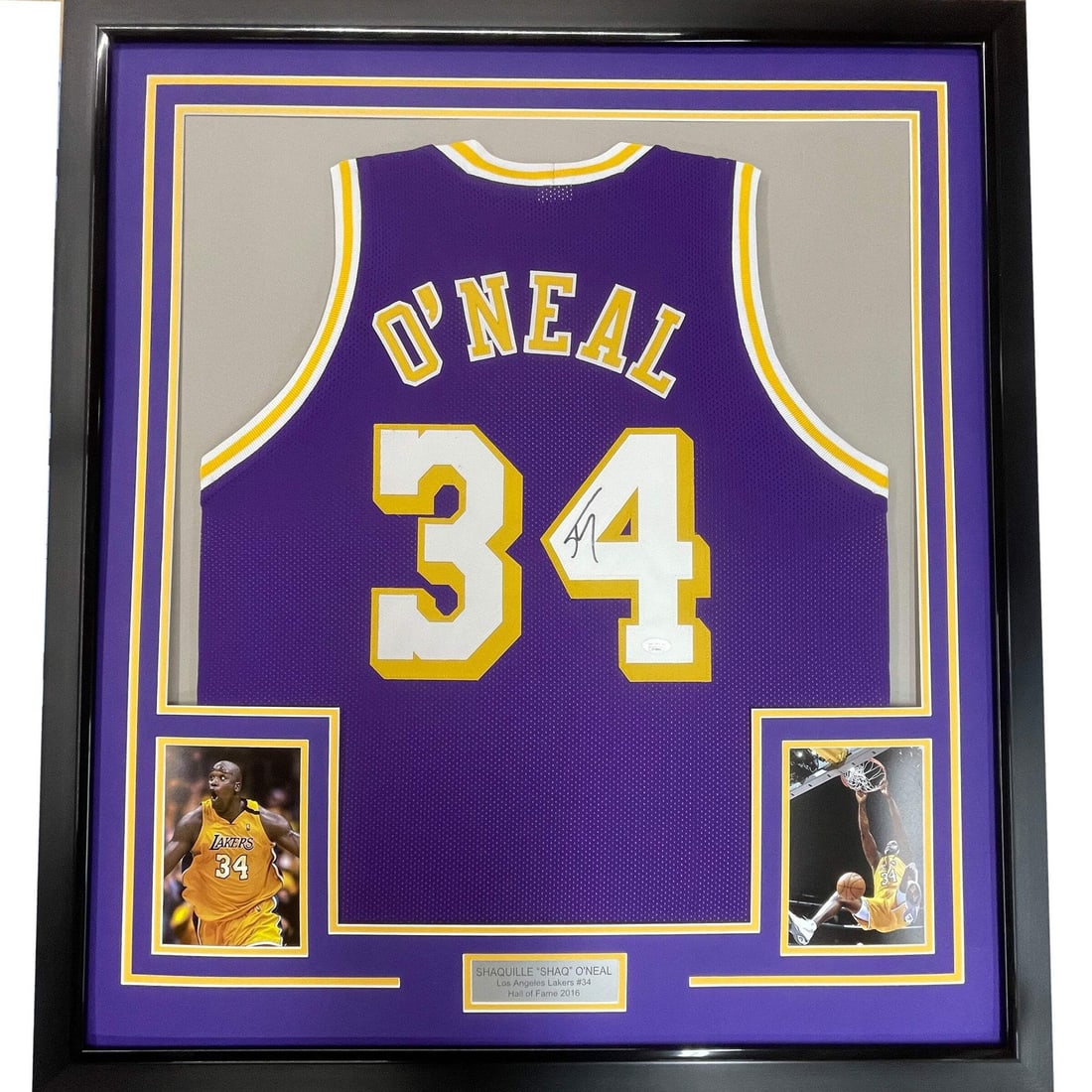 Framed Autographed Shaquille O'Neal Lakers Jersey with Beckett COA 33x42: Framed Autographed Shaquille O'Neal Lakers Jersey with Beckett COA 33x42 Celebrate the legacy of basketball legend Shaquille O'Neal with this framed autographed purple jersey. This original item featu