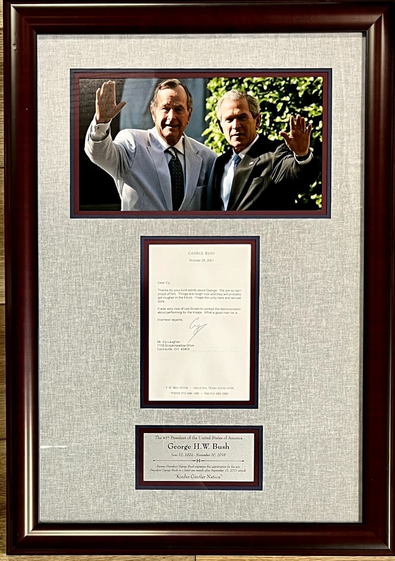 George H.W. Bush Signed Letter on 9-11 Events PSA Authenticated Framed: George H.W. Bush Signed Letter on 9-11 Events PSA Authenticated Framed This remarkable piece of history features a signed letter from President George H.W. Bush, dated October 26, 2001, just six weeks