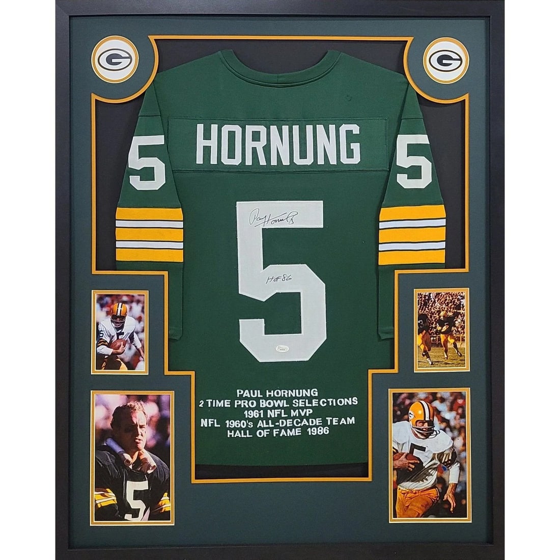 Paul Hornung Signed JSA Certified Framed Jersey Green Bay Packers: Paul Hornung Signed JSA Certified Framed Jersey Green Bay Packers This is a Paul Hornung signed and framed jersey, featuring a detailed display of the Green Bay Packers logo. Authenticated by JSA, a l