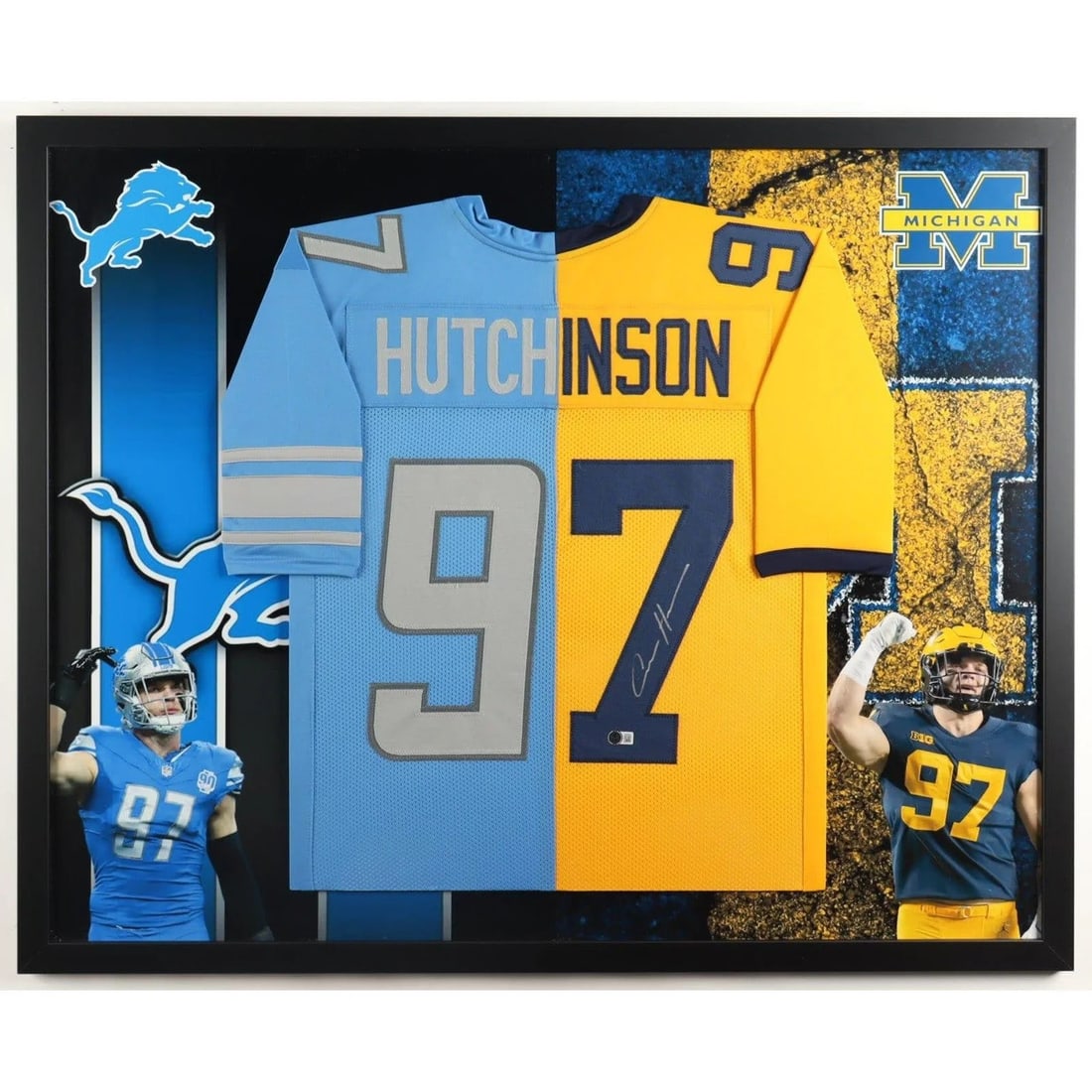 Aidan Hutchinson Framed Signed Jersey Michigan Lions Beckett Authenticated: Aidan Hutchinson Framed Signed Jersey Michigan Lions Beckett Authenticated This autographed Aidan Hutchinson framed jersey features a unique split design showcasing both teams. Authenticated by Becket