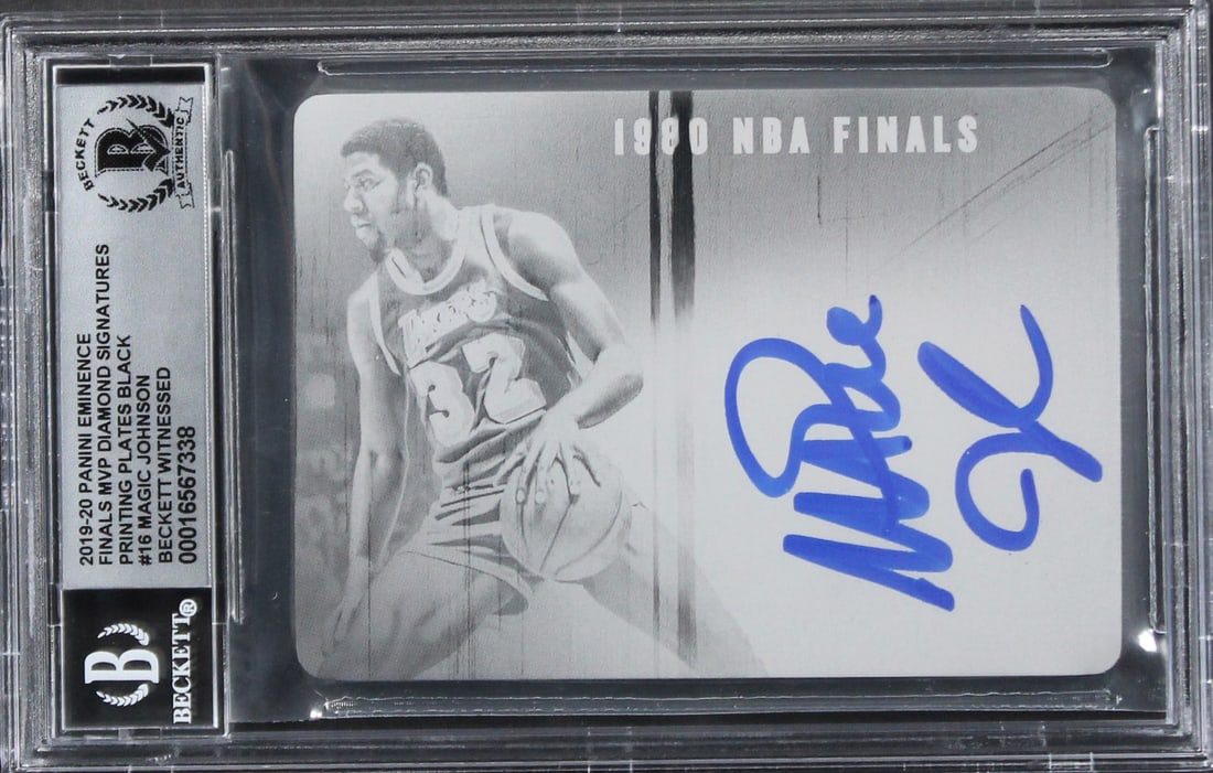 Magic Johnson Signed 2019 Panini Eminence #1/1 Gem Mint 10 Card BAS Authenticated: Magic Johnson Signed 2019 Panini Eminence #1/1 Gem Mint 10 Card BAS Authenticated Own a unique piece of basketball history with this 2019 Panini Eminence Finals MVP Diamond Signatures Printing Plates 