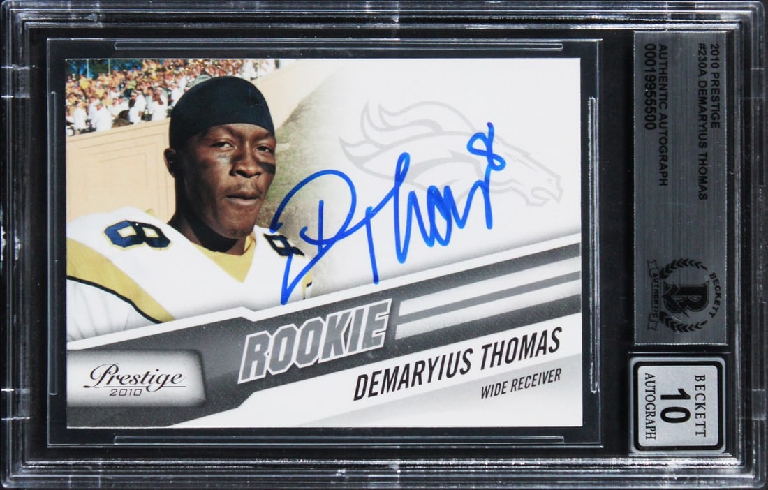 Demaryius Thomas 2010 Prestige Rookie Card Beckett Slabbed Broncos Auto: Demaryius Thomas 2010 Prestige Rookie Card Beckett Slabbed Broncos Auto This is an original 2010 Prestige #230A rookie card, personally signed by Demaryius Thomas of the Denver Broncos. The card featu